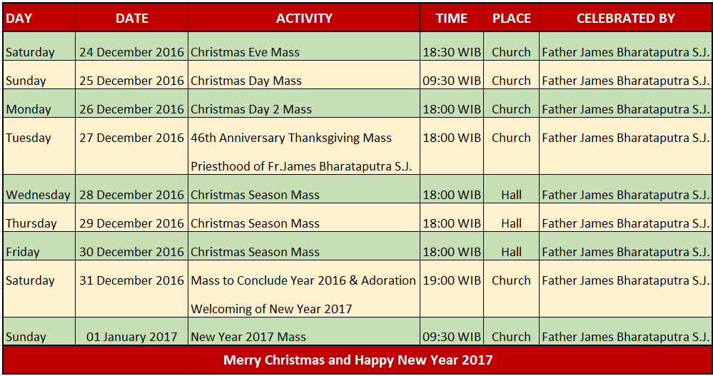 Christmas schedule